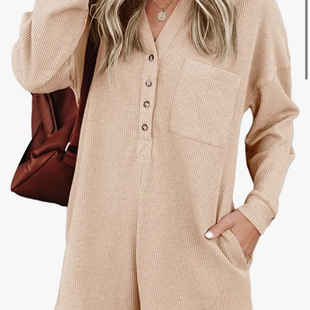 Women's V Neck Button Down Romper Casual Waffle Knit Jumpsuit Outfit with Pocket